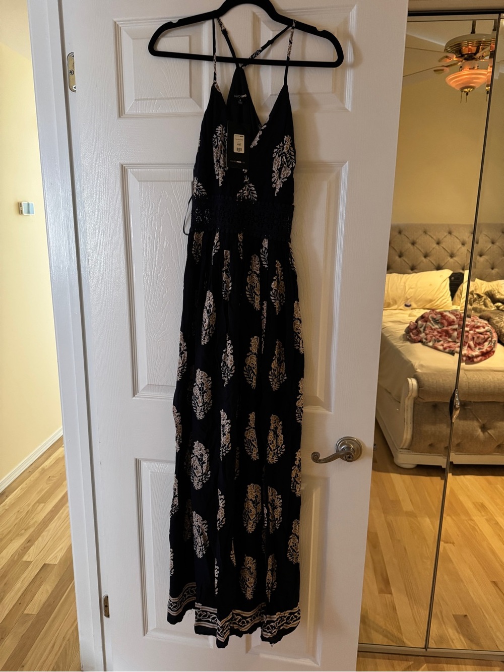 Fashion Nova Black Maxi Dress with Cream Leaf Print - Strappy Summer Maxi
